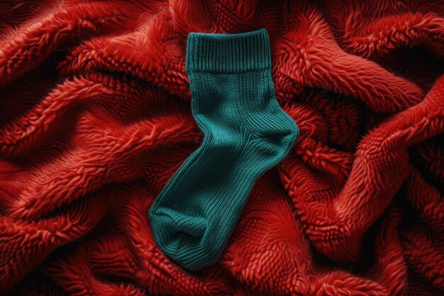 Photo a single green sock lies on top of a bright red blanket a simple yet interesting scene