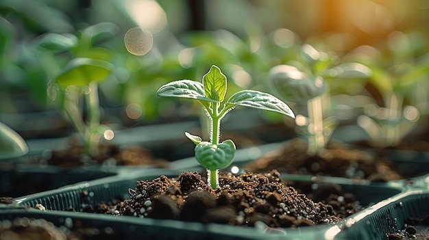 Photo a single green sprout growing in a seedling tray