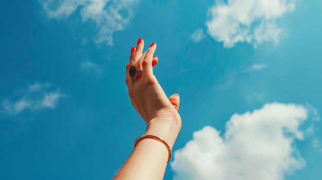 A single hand with red nail polish reaches towards a bright blue sky a golden bracelet adorns the wrist