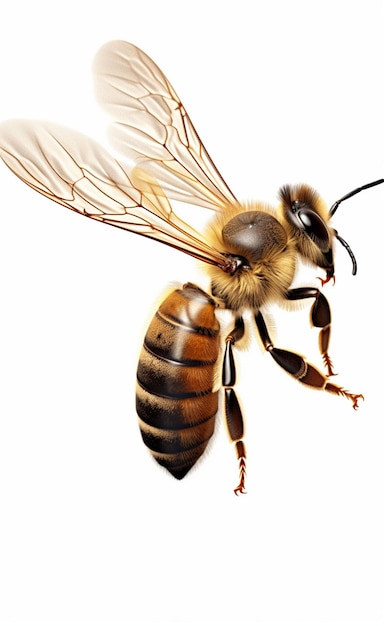 A Single Honeybee in Flight Against a White Background