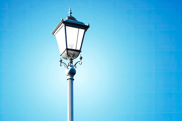 Single lamp post lamp on thin pole against light blue sky