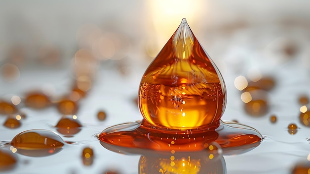 A single large drop of amber liquid stands out amongst smaller drops reflecting light