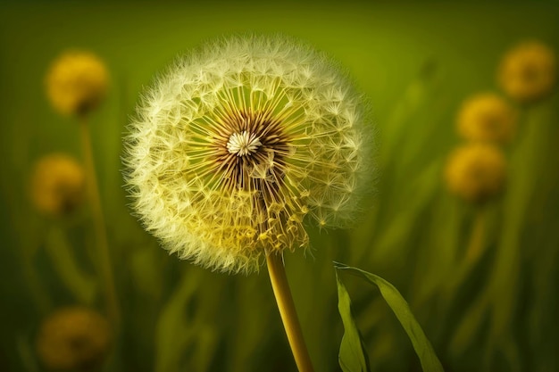 Single large yellow dandelion with seeds in nature on green background generative ai