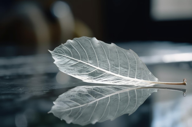 A single leaf on a glass table with a reflection generative AI