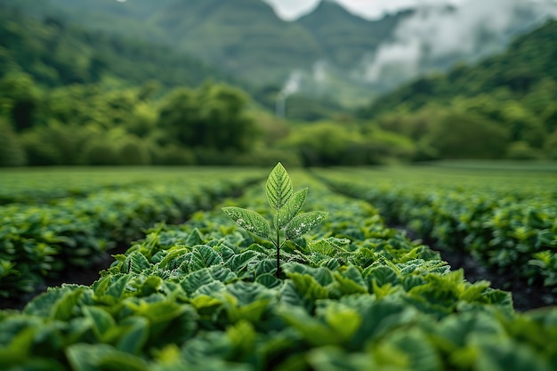 A single leaf is growing in a field of green plants