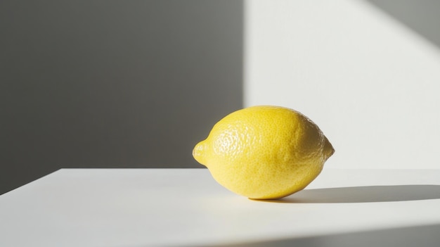 Photo single lemon on white surface with sunlight