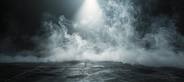 A Single Light Beam Pierces Through Dense Fog Over an Empty Road at Night