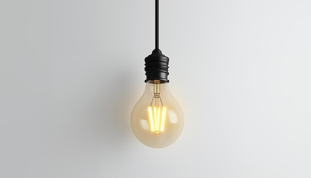 Photo a single light bulb hangs from a black cord against a white background