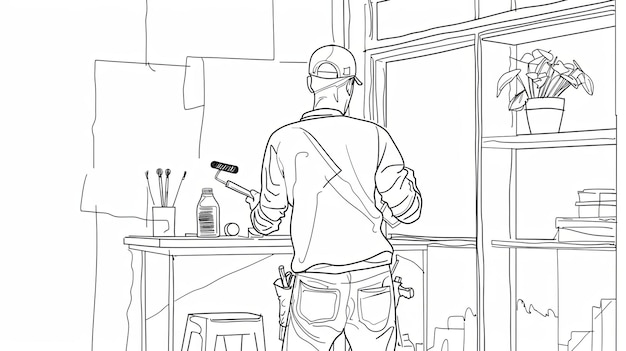 A single line drawing depicts a painter working on a home renovation project The painter is holding a paint roller and is about to paint a wall Generative AI