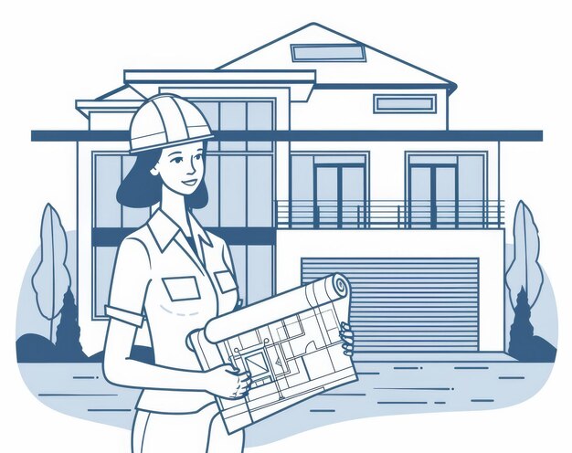 Photo single line drawing of a female engineer worker holding a blueprint paper along with a modern house real estate architect holding a blueprint paper single line modern illustration editable stroke