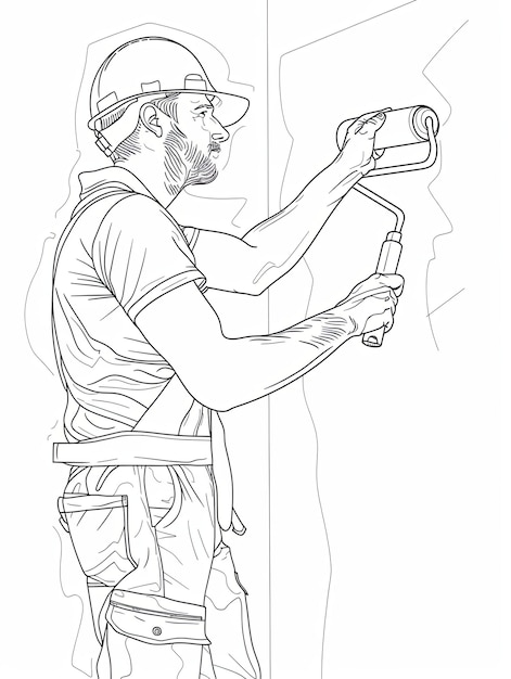 Photo a single line drawing of a painter wearing a hard hat and overalls using a roller to paint a wall generative ai