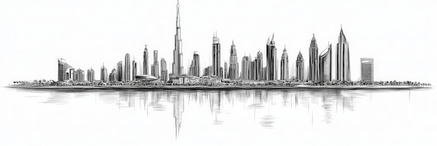 Single line pencil drawing of the iconic Dubai skyline featuring Burj Khalifa modern architec