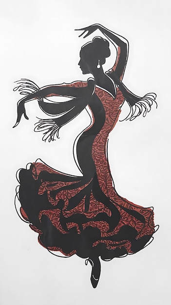 A single line silhouette of a flamenco dancer drawn with elegant curves and fluidity