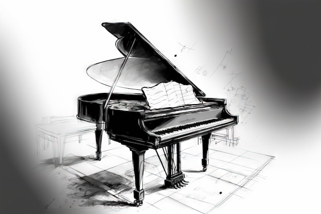 A single line sketch a grand piano an acoustic musical instrument with an open lid