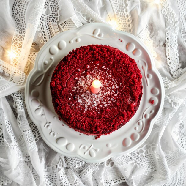 A single lit candle atop a red velvet cake on a white plate