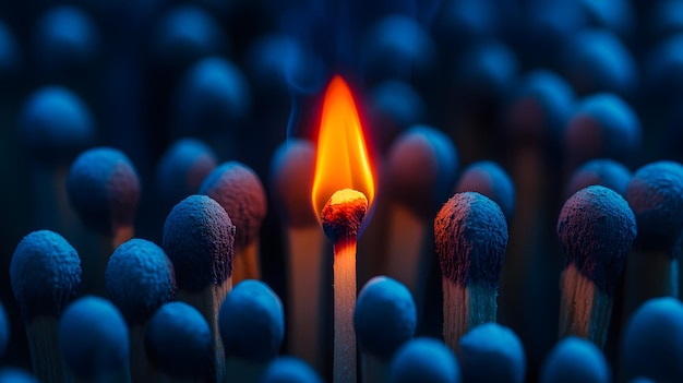 Photo single lit match among unlit matches deep blue color tone dramatic lighting shallow depth of field d