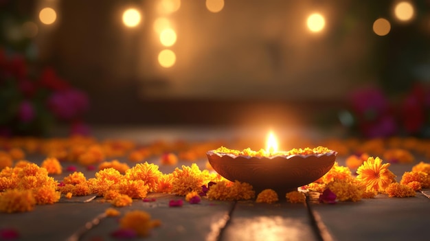 Photo single lit oil lamp with marigold flowers scattered on the ground soft bokeh lights in background