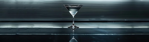 A single martini glass centered in a minimalist black and white setting with reflections