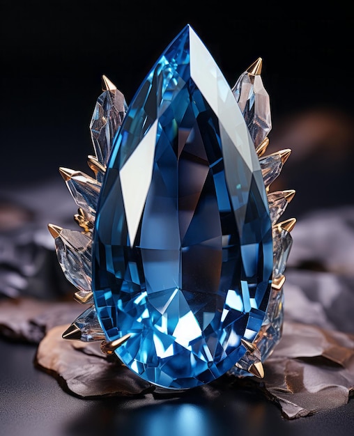 Single massive blue crystal jewely on dark blue background