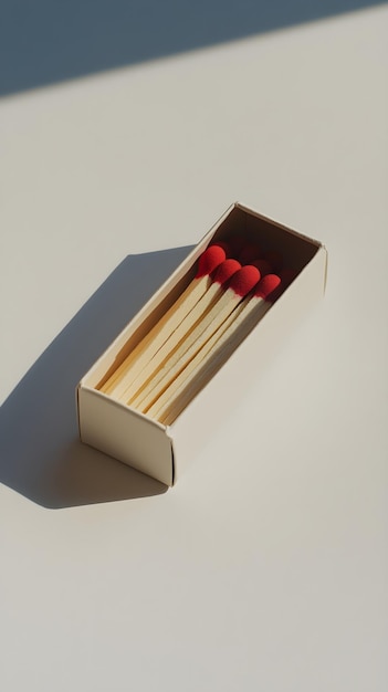 Photo a single matchbox with its lid slightly ajar revealing the matches inside set against a light solid color background