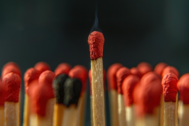 Photo a single matchstick standing out among transparent matches with a crystal clear background