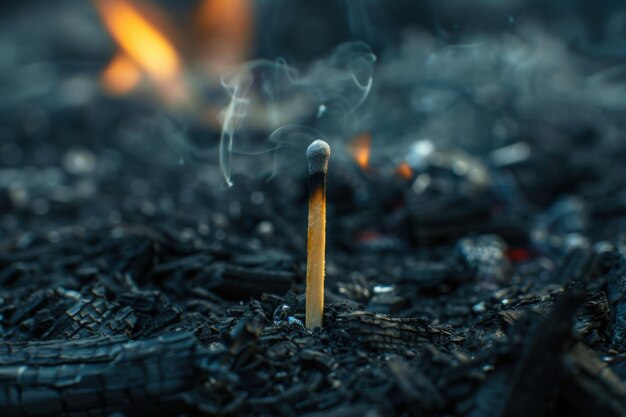 Photo a single matchstick standing out among burnt matches with ashes and smoke in the background