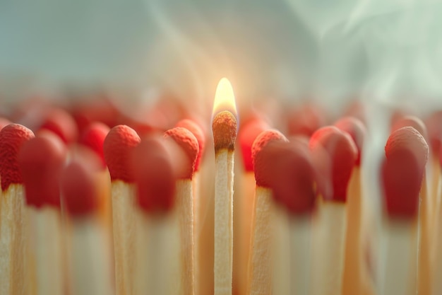 A single matchstick standing out among transparent matches with a crystal clear background