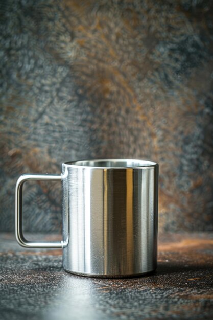 Photo a single metal mug sits on a table ready for use