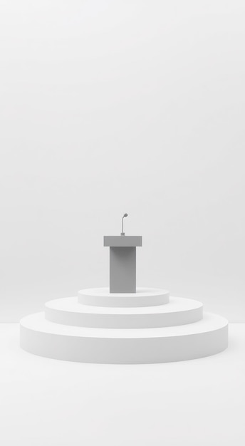 Photo a single microphone sits atop a podium in a white room