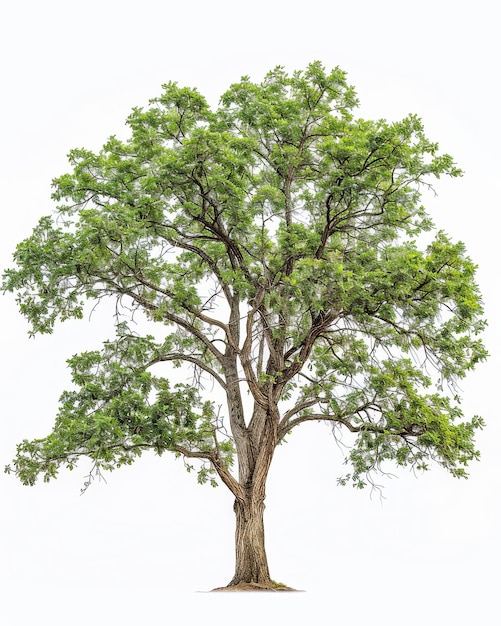 A single oak tree with vibrant green leaves stands isolated against a white background