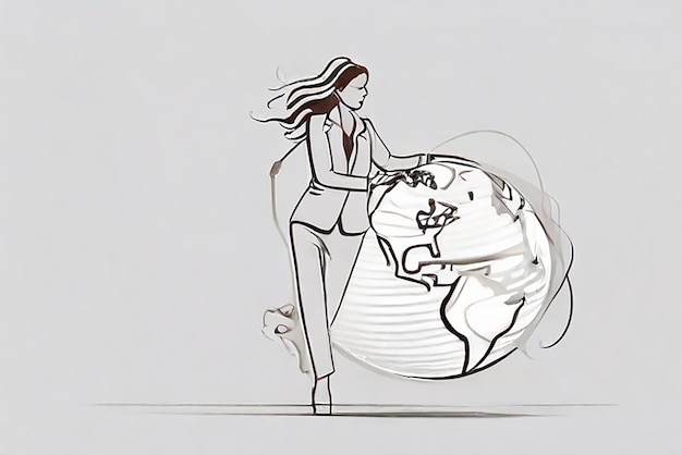 Single one line drawing of frustrated businesswoman carrying globe on her back Industrial pollution natural resources