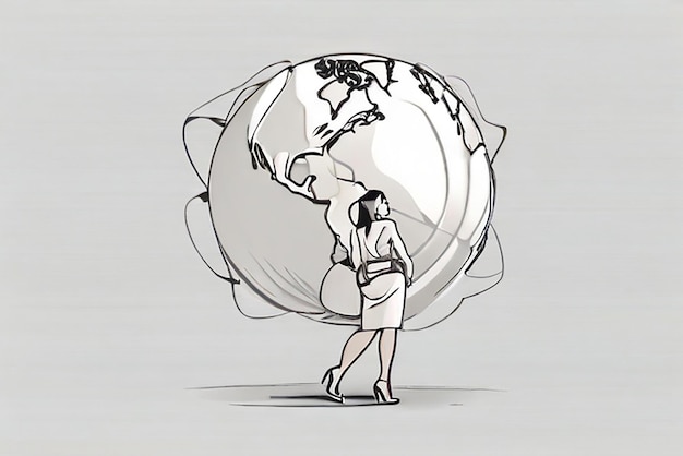 Photo single one line drawing of frustrated businesswoman carrying globe on her back industrial pollution natural resources