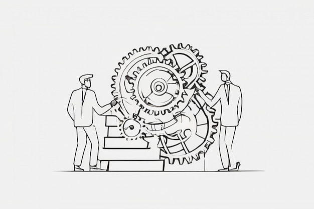 Single one line drawing two young businessman helping each other to go up to pile of cogs Teamwork people trust assistance