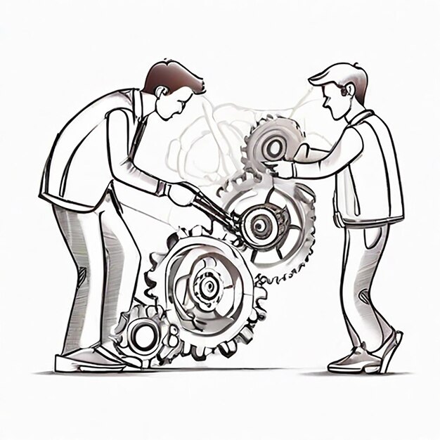 Single one line drawing two young businessman helping each other to go up to pile of cogs Teamwork people trust assistance