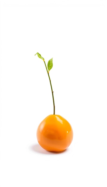 A single orange fruit with a green stem and leaves on a white background