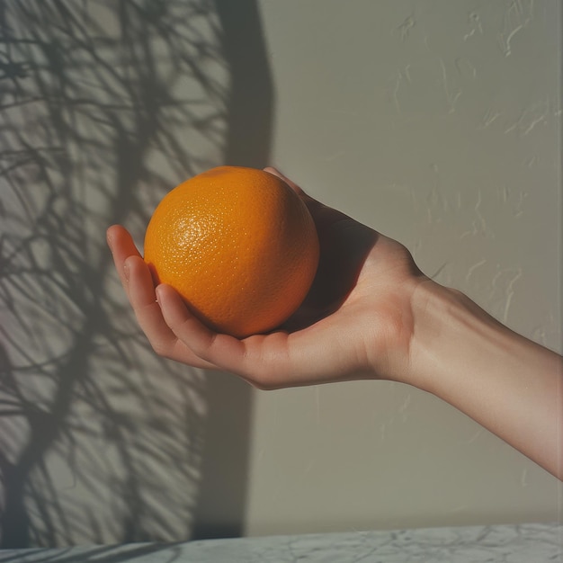 A Single Orange Held In Hand With Shadow Of Tree Branches On The Wall