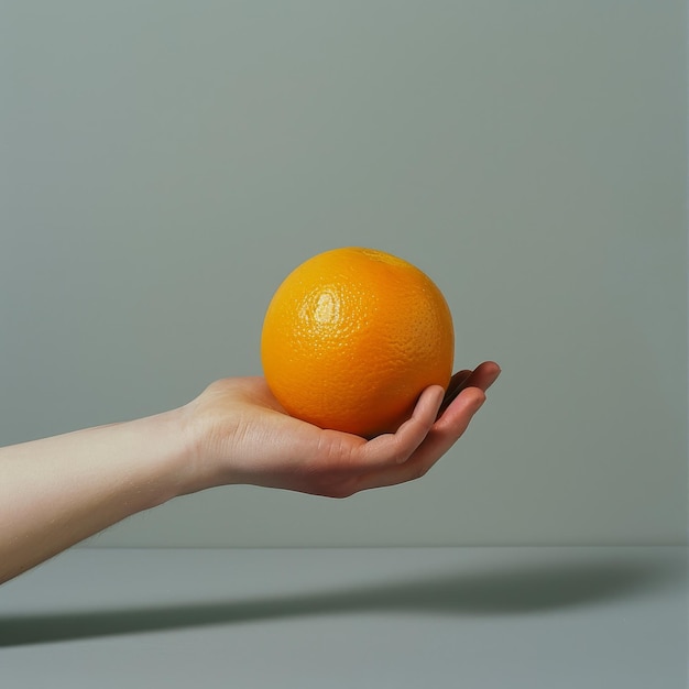 A Single Orange Held in an Outstretched Hand Against a Gray Background