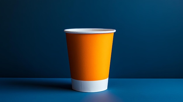 A single orange paper cup on a blue background