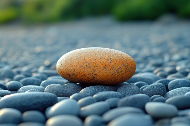 Photo a single orangecolored stone rests on a bed of smooth grey pebbles with a blurred green background suggesting a natural outdoor setting