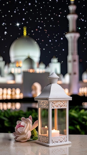 Photo a single ornate lantern sits on a tiled floor in a mosque courtyard the lantern glows softly in the dim light of the night