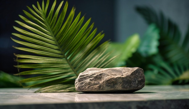 A single palm leaf is growing on the natural stone