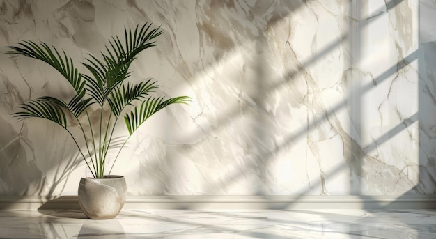 A Single Palm Tree Stands in a Sunlit Room With a White Wall