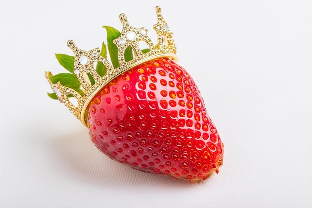 A single perfectly ripened strawberry with a crown of tiny golden leaves on white