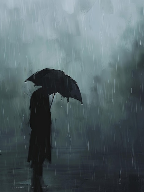 A single person stands in the rain their head down holding a black umbrella The rain falls heavily creating a somber and melancholic mood Generative AI