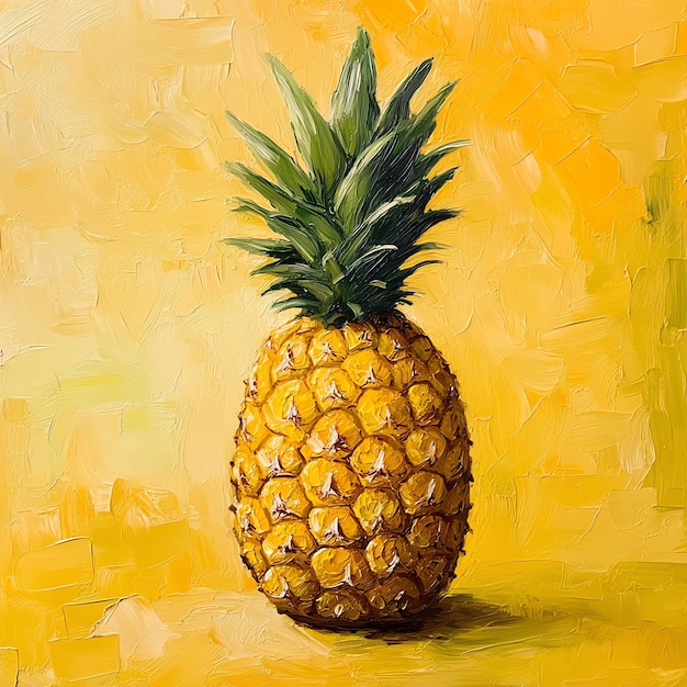 Photo a single pineapple with green leaves on a yellow background painted in a thick textured style