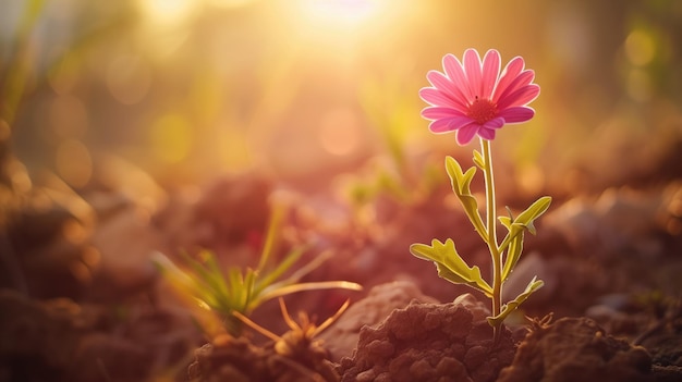 Single pink daisy blooming in the sunlight with soft background