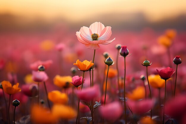 a single pink flower is standing in front of a field of yellow and red flowers high quality