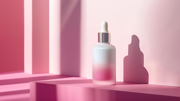 A single pink and white glass dropper bottle with a silver cap sits on a pink platform against a pink background with a shadow of the bottle cast behind it