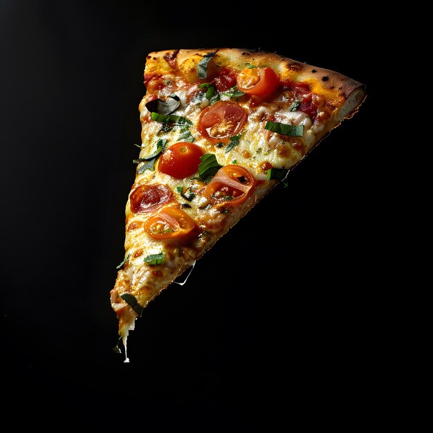 Single pizza slice with melted cheese tomatoes and basil leaves isolated on black background