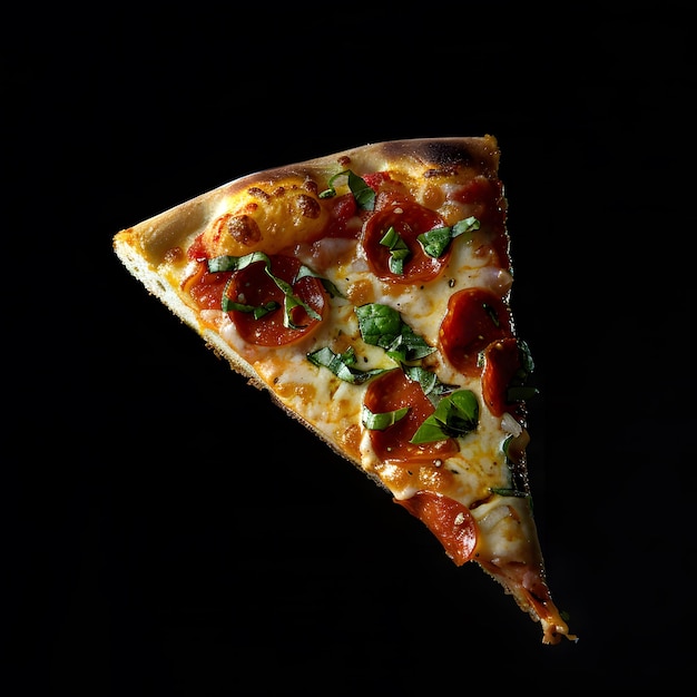 Single pizza slice with pepperoni and basil isolated on black background